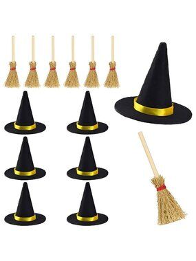 Mini Witch Hats and Brooms Halloween Straw Decorations